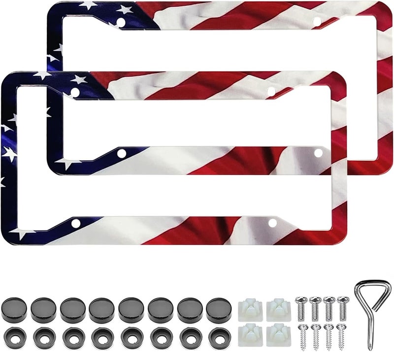 LIN KANG American Flag License Plate Frame Holder - 2 Pack Universal Aluminum Matte Stripe US Flag Gloss Patriotic Car Plate Frame Covers with Free Screws Fasteners Caps - Image 1